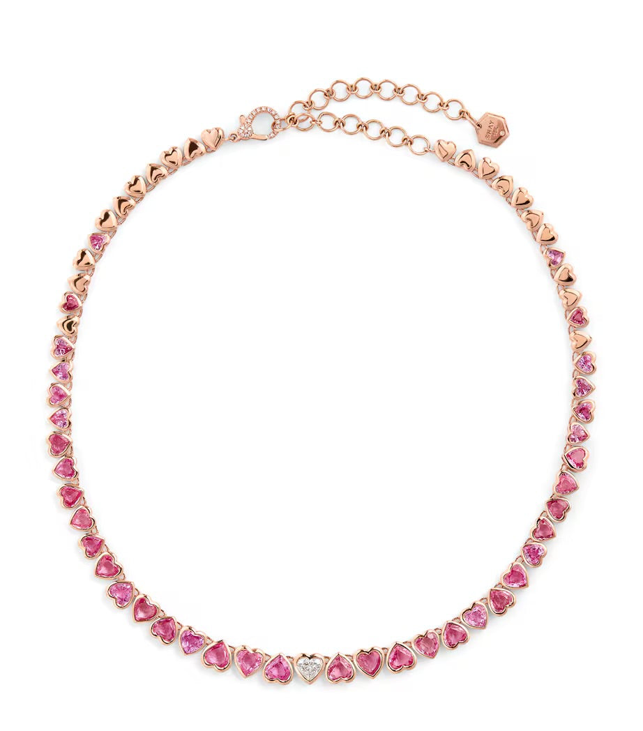 Heart Tennis Necklace, 18K Rose Gold