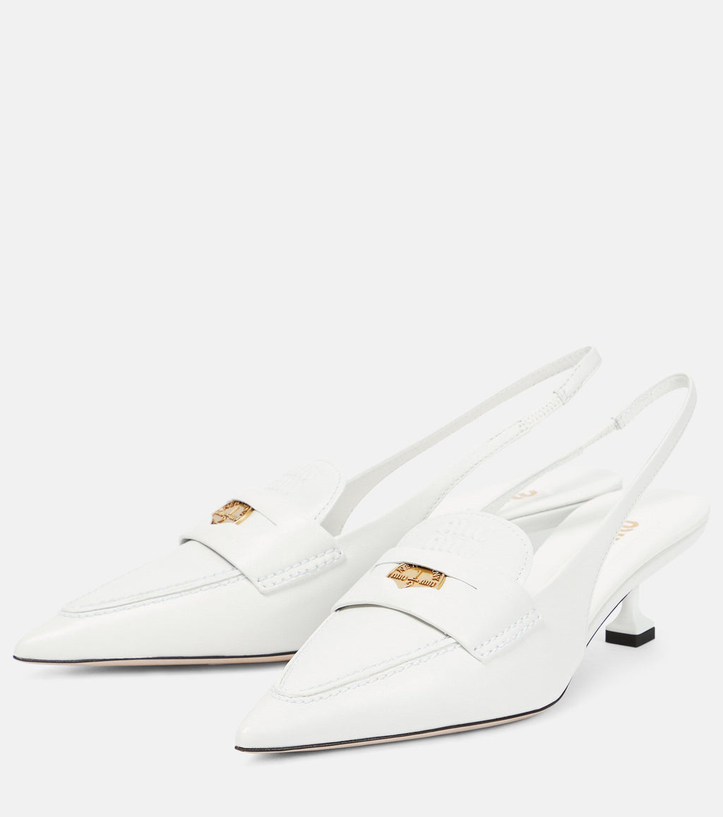 Miu Miu Leather Slingback Penny Loafers – White