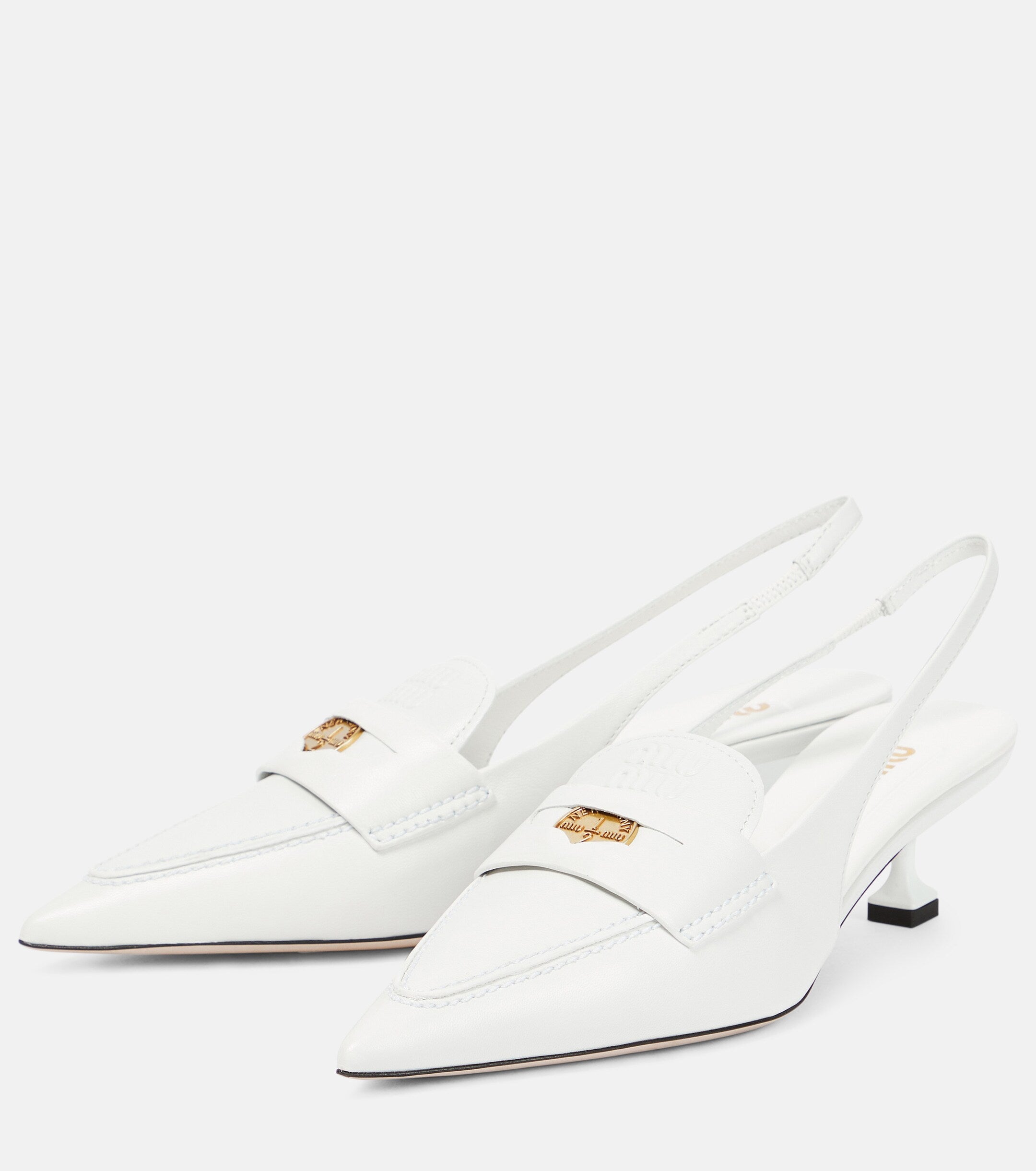 Miu Miu Leather Slingback Penny Loafers – White