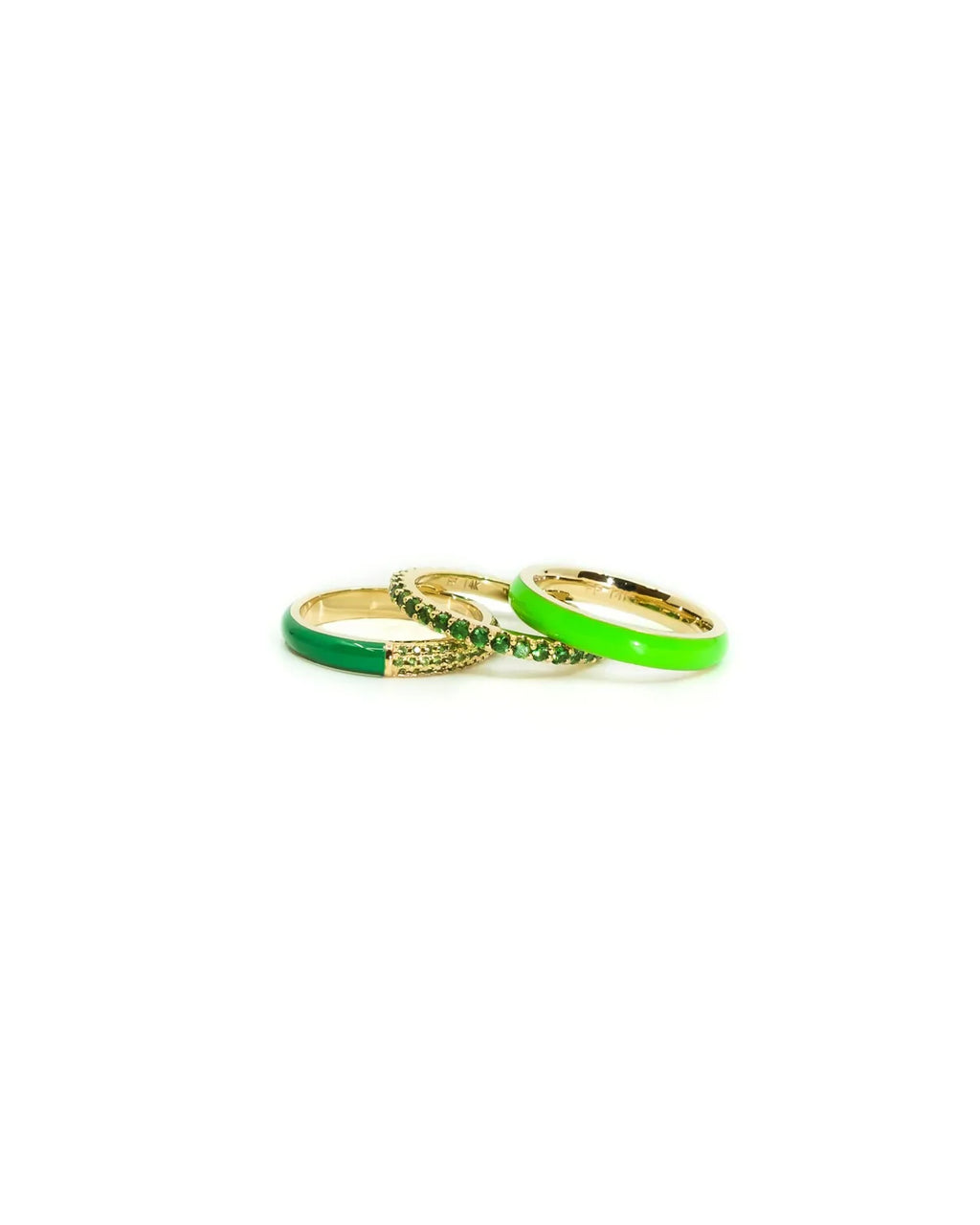 The Set of Three Pavé + Enamel Stacking Rings, 14K Gold