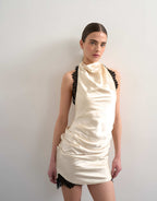 Satin Halter Cowl Neck Mini Dress with Black Contrast Lace Trim in Oyster