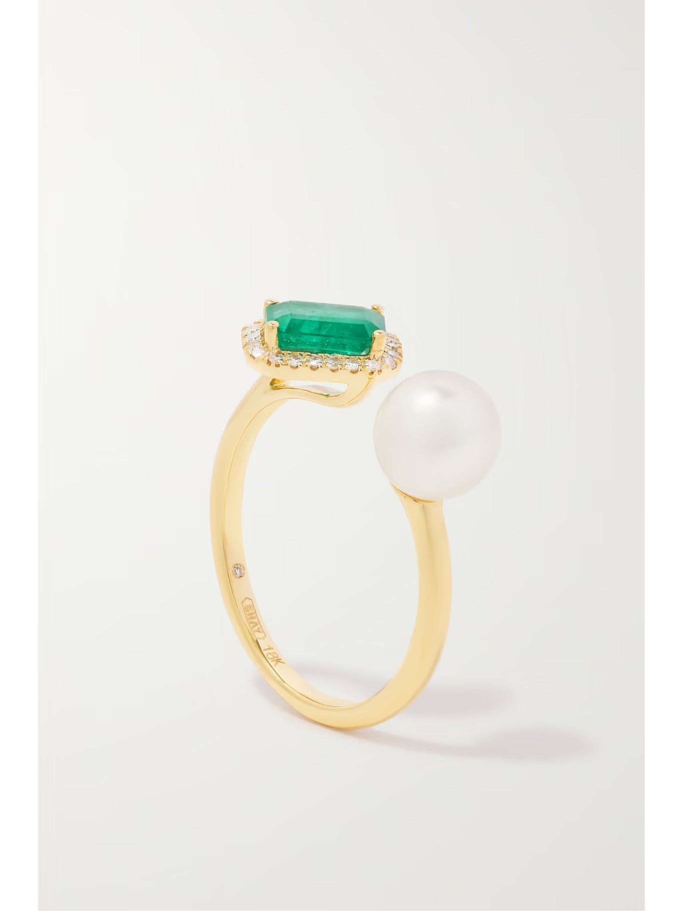 Diamond, Emerald and Pearl Open Ring, 18K Gold