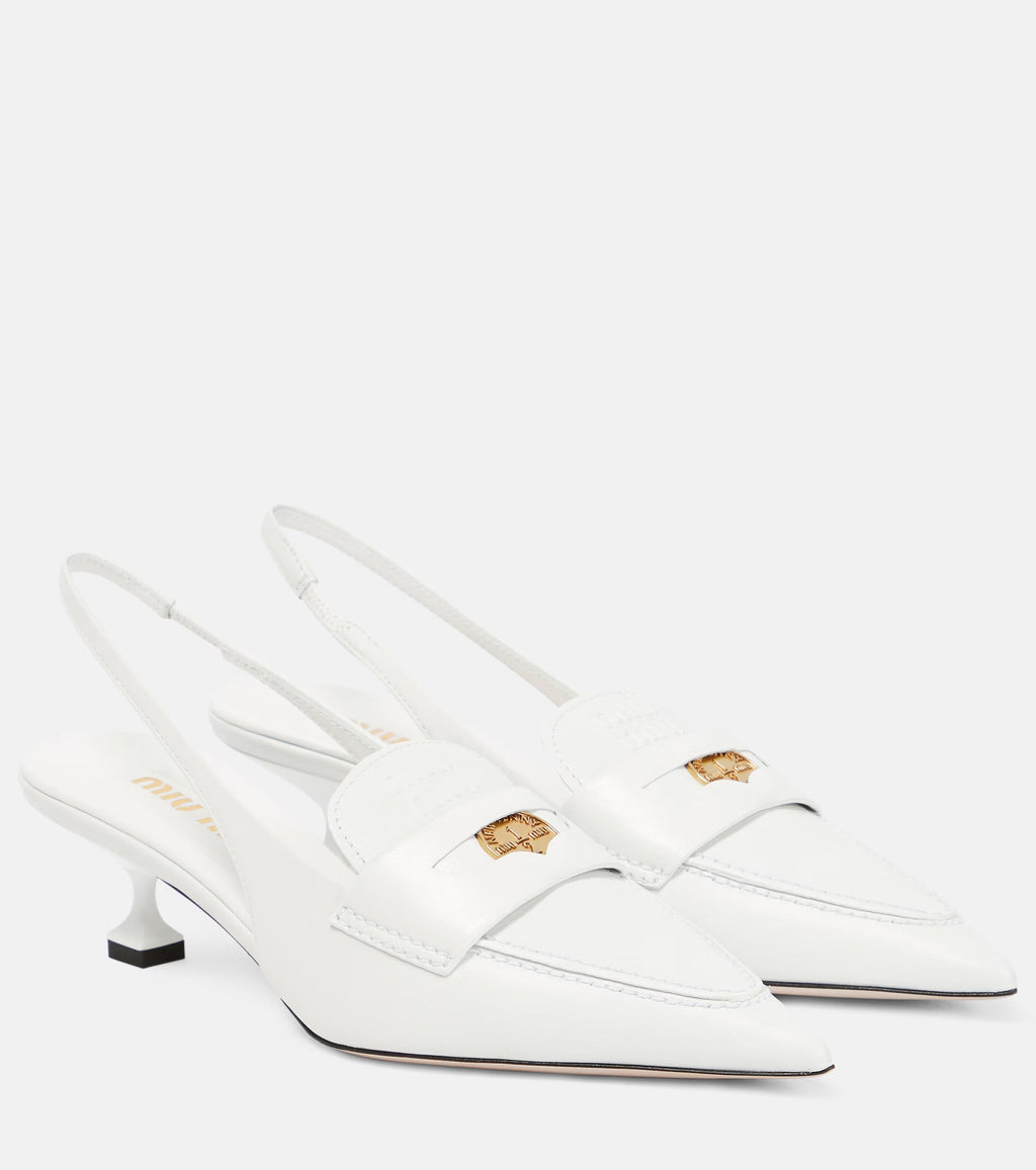 Miu Miu Leather Slingback Penny Loafers – White