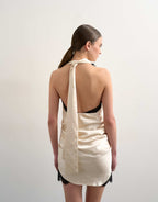 Satin Halter Cowl Neck Mini Dress with Black Contrast Lace Trim in Oyster