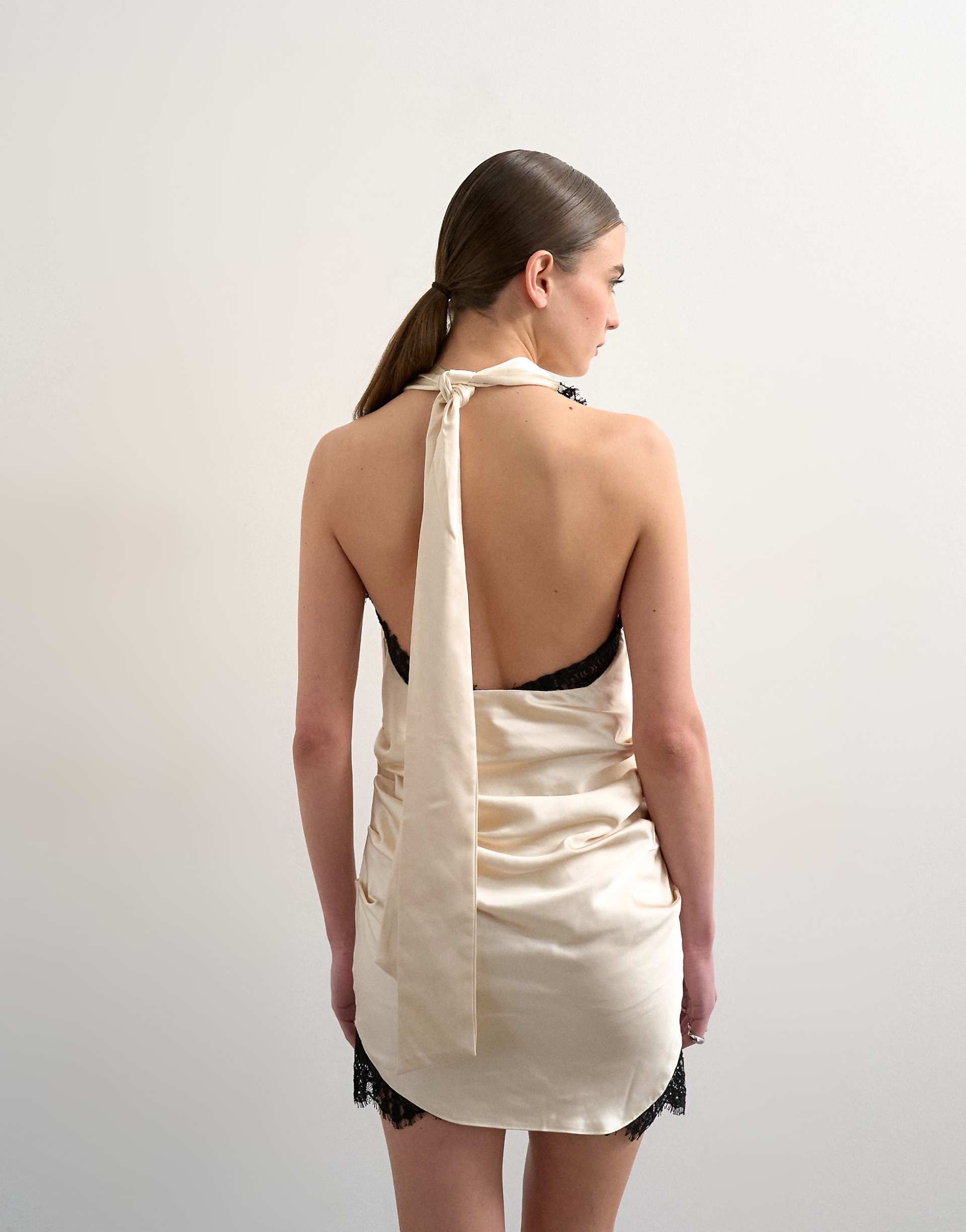 Satin Halter Cowl Neck Mini Dress with Black Contrast Lace Trim in Oyster