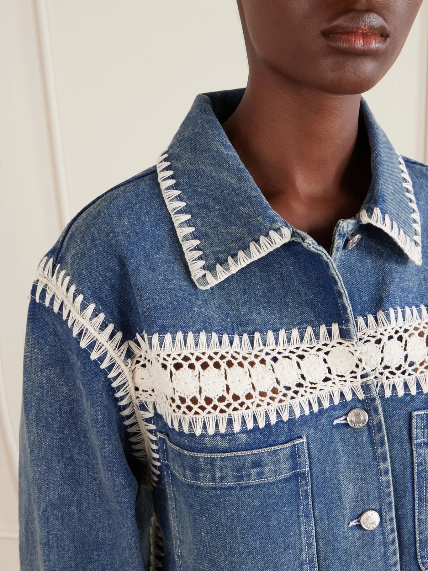 Stasia Crochet-Trimmed Denim Jacket
