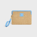 Celine Small Pouch with Strap in Raffia Effect Textile and Calfskin – Sky Blue