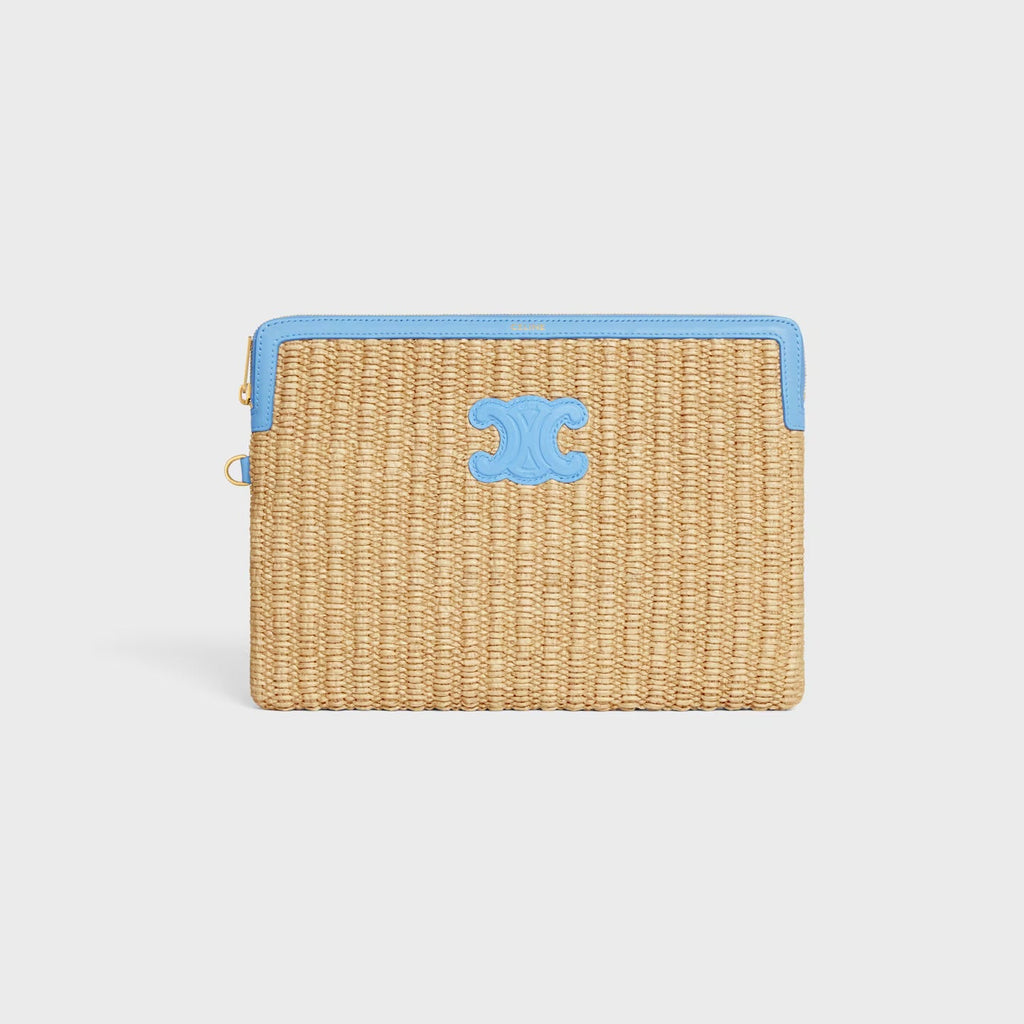 Celine Small Pouch with Strap in Raffia Effect Textile and Calfskin – Sky Blue