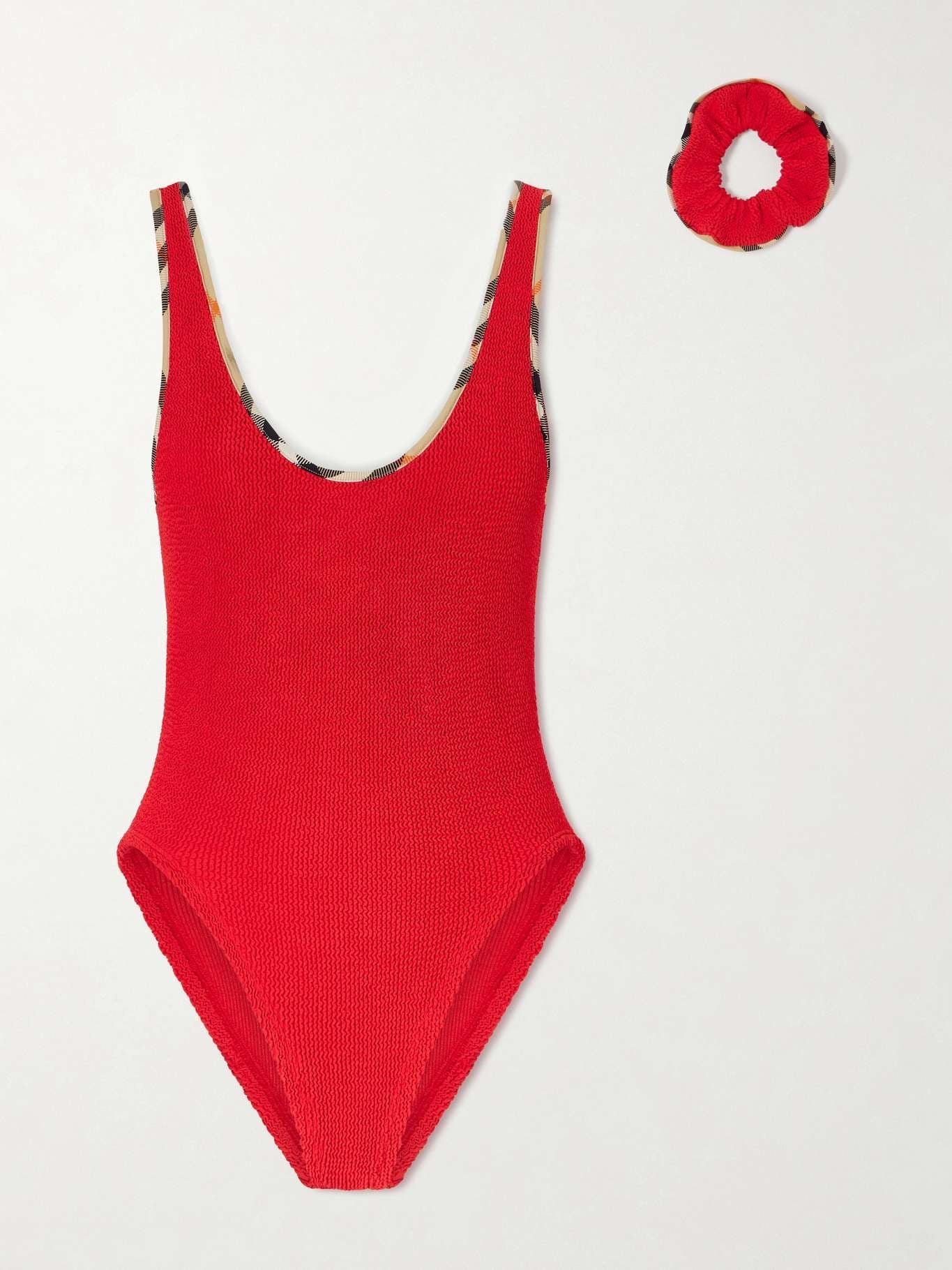 Burberry + Hunza G Faye Checked Original Crinkle™ Swimsuit — Red