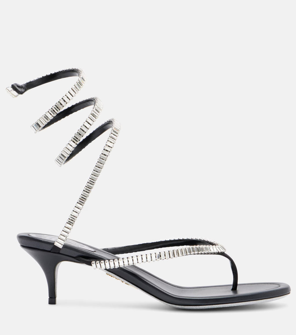 René Caovilla Embellished Satin Thong Sandals – Black