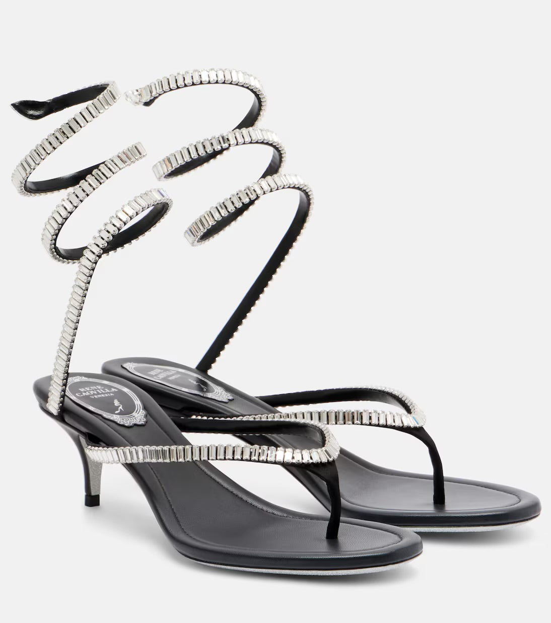 René Caovilla Embellished Satin Thong Sandals – Black