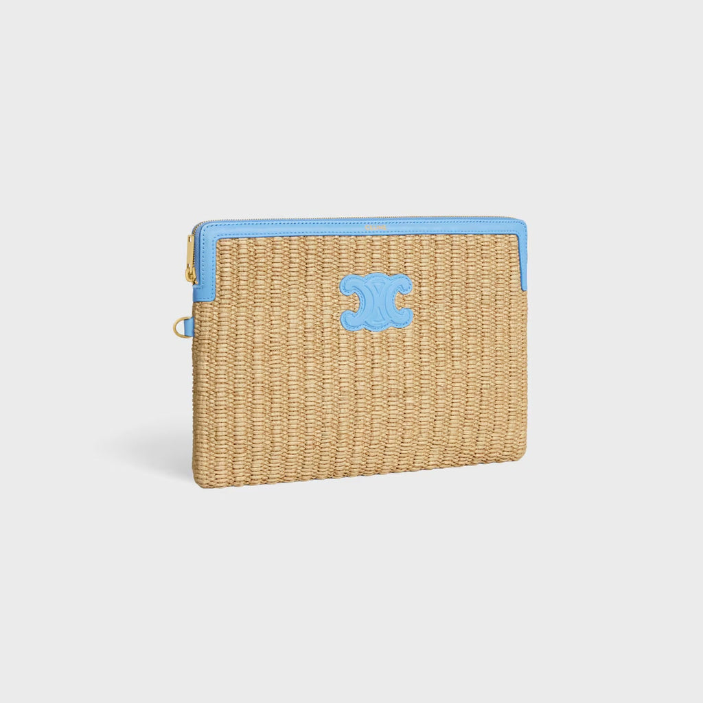 Celine Small Pouch with Strap in Raffia Effect Textile and Calfskin – Sky Blue