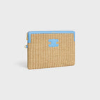 Celine Small Pouch with Strap in Raffia Effect Textile and Calfskin – Sky Blue