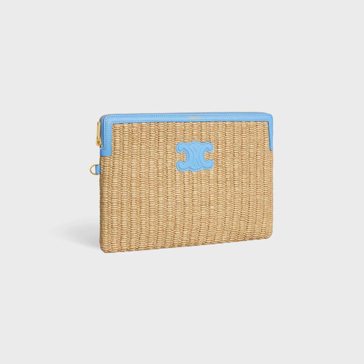 Celine Small Pouch with Strap in Raffia Effect Textile and Calfskin – Sky Blue