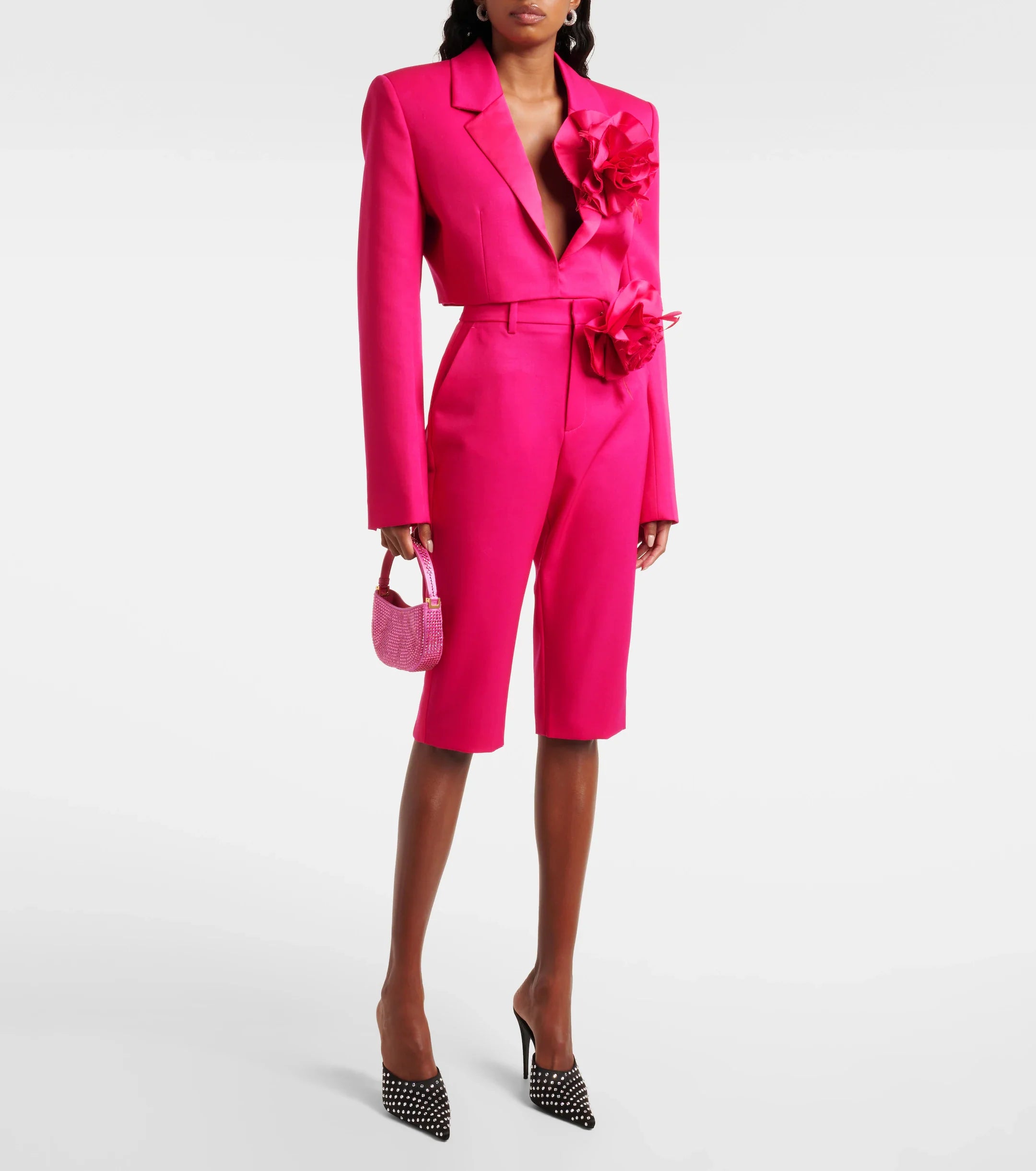 Area Floral Appliqué Wool Capri Pants in Pink