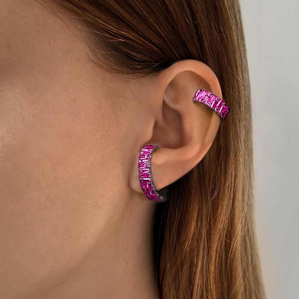 Culture Ear Cuff With Man Made Rubies In Premium Black Rhodium