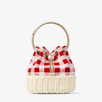 Jimmy Choo Bon Bon Ruby Red Gingham Cotton Fabric and Wicker Bucket Bag
