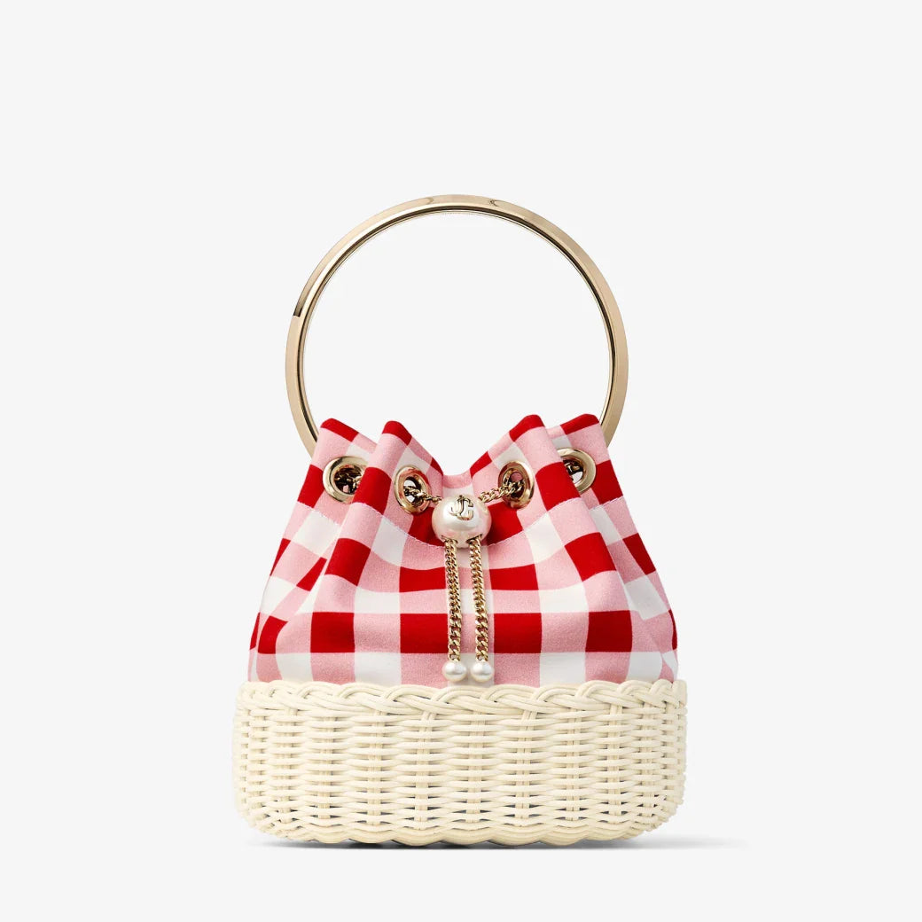 Jimmy Choo Bon Bon Ruby Red Gingham Cotton Fabric and Wicker Bucket Bag