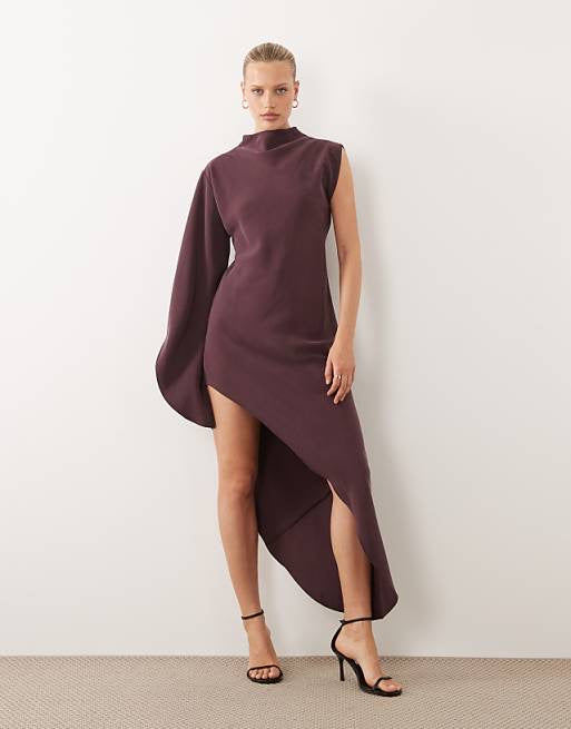 Topshop One Sleeve Drape Maxi Dress in Chocolate