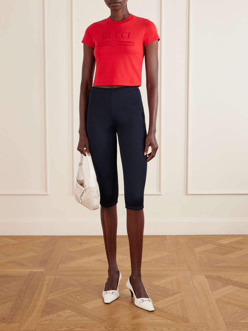 Gucci Web-Trimmed Ribbed Skinny-Leg Capri Pants in Blue