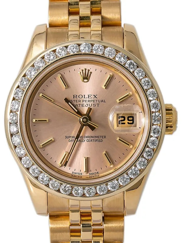 Rolex Datejust 27 in Yellow Gold with Diamond Bezel and Salmon Dial