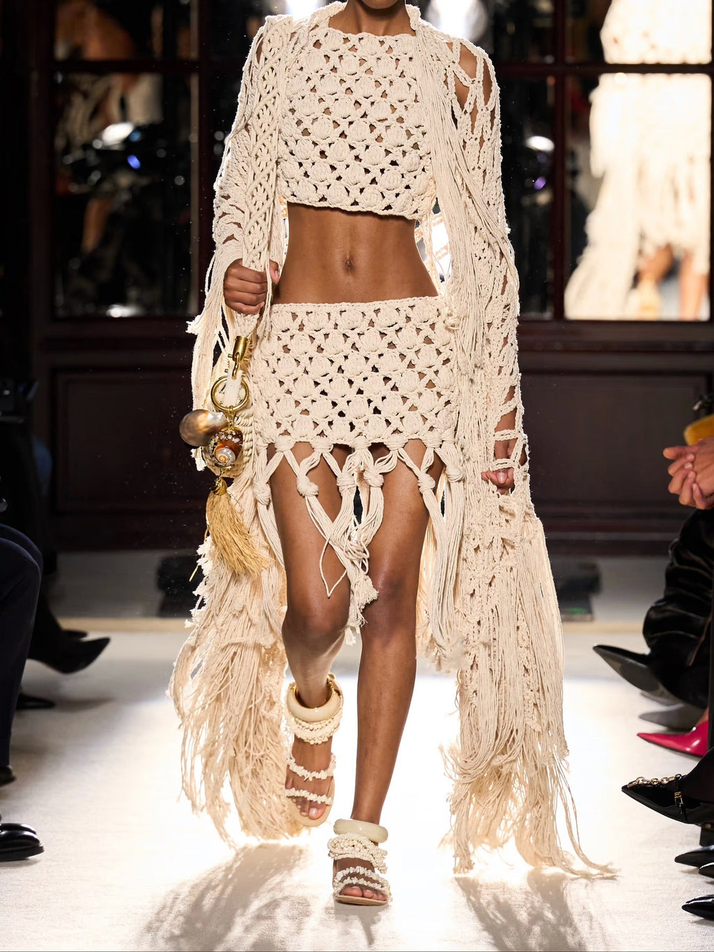 Balmain Fringed Crochet-Knit Cotton Mini Skirt