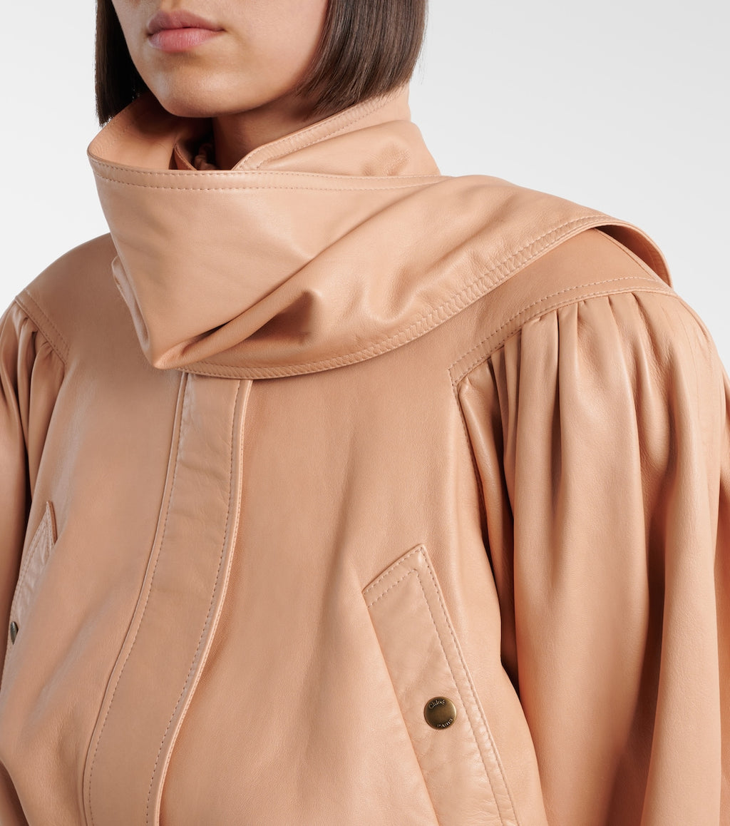 Scarf-Detail Cropped Leather Jacket