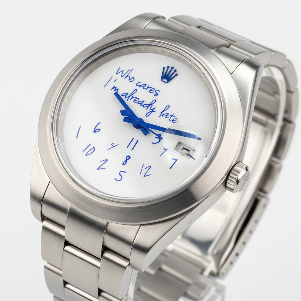 Silver watch with a humorous message on the dial against a blurred background