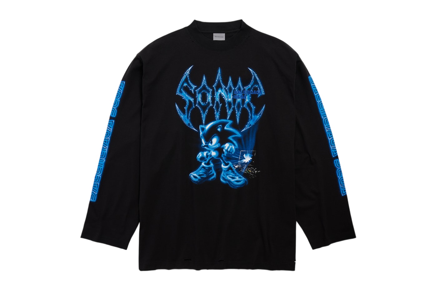 Black Balenciaga and SEGA long-sleeved T-shirt with blue Sonic artwork
