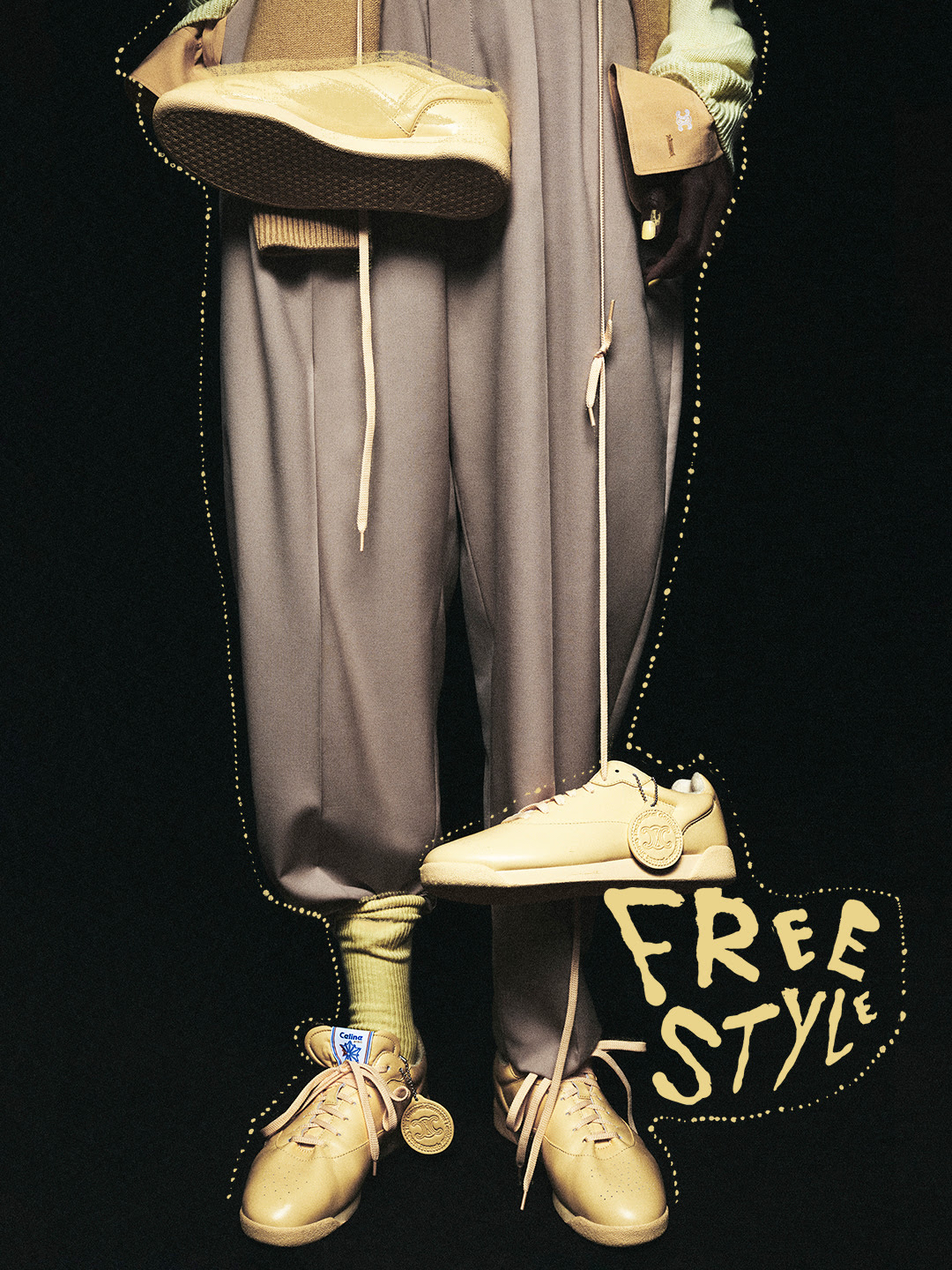 Celine by Reebok Freestyle Lo trainers styled with wide trousers and slouched socks