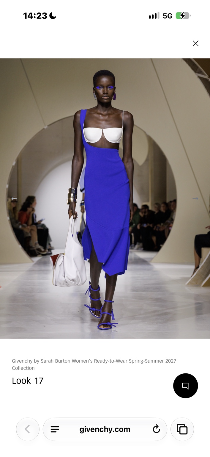 Cobalt asymmetric dress layered over a white balconette bra