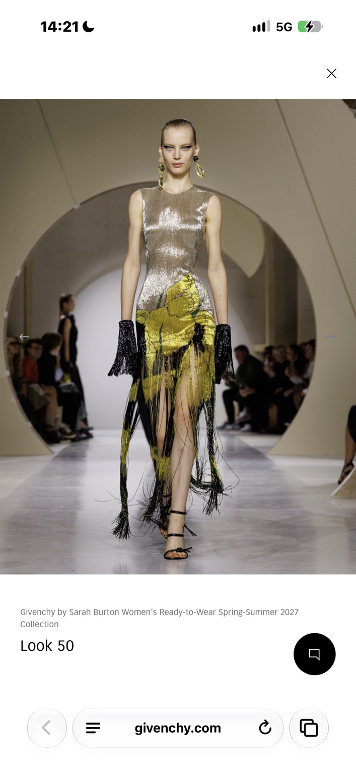 Silver and acid-yellow embroidered evening dress with black fringe