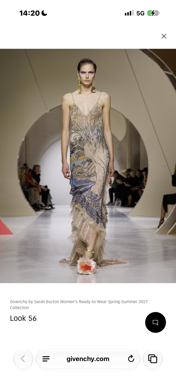 Shimmering landscape-embroidered slip gown with ruffled tiers