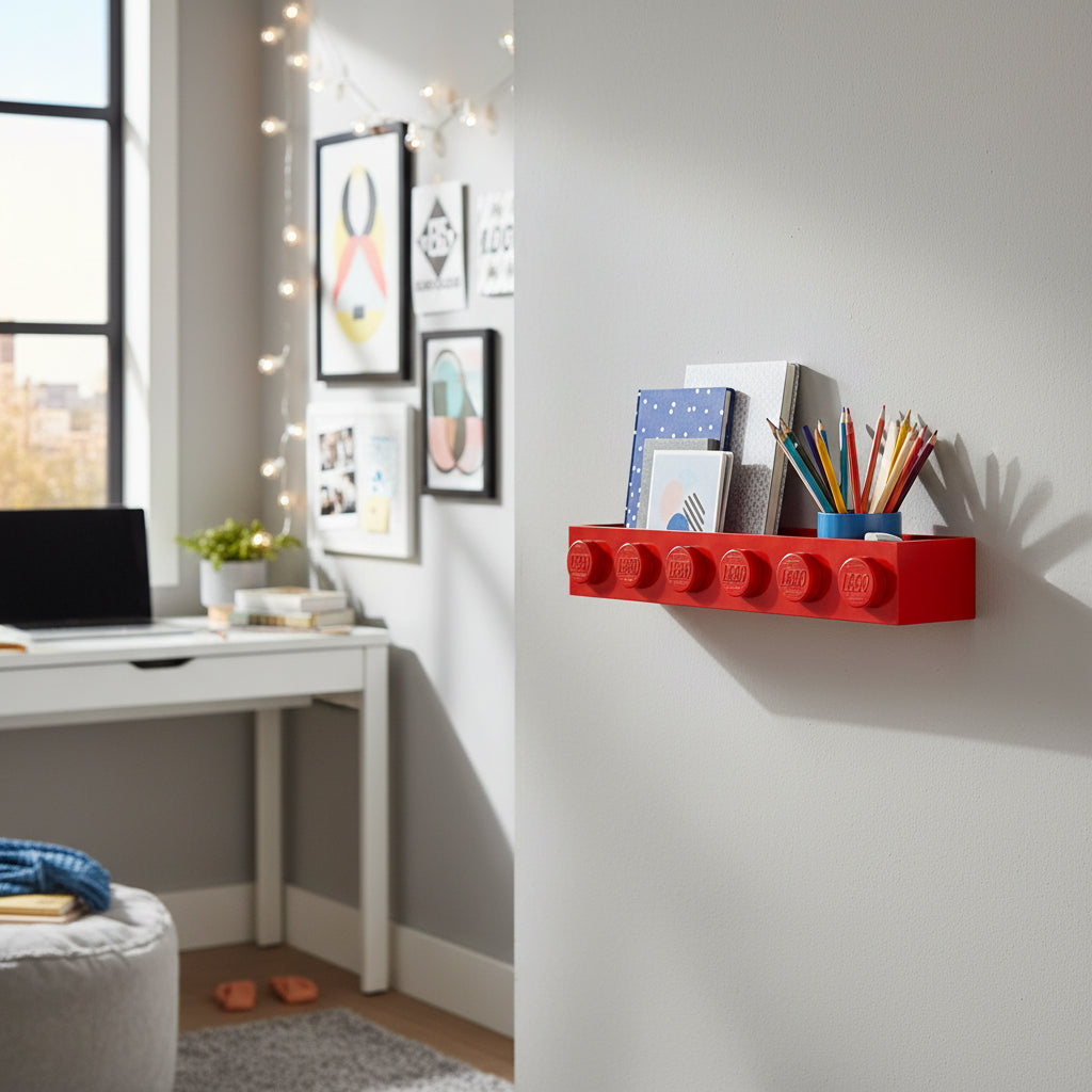 Red LEGO Gallery Bookshelf mounted on a wall and holding books and coloured pencils