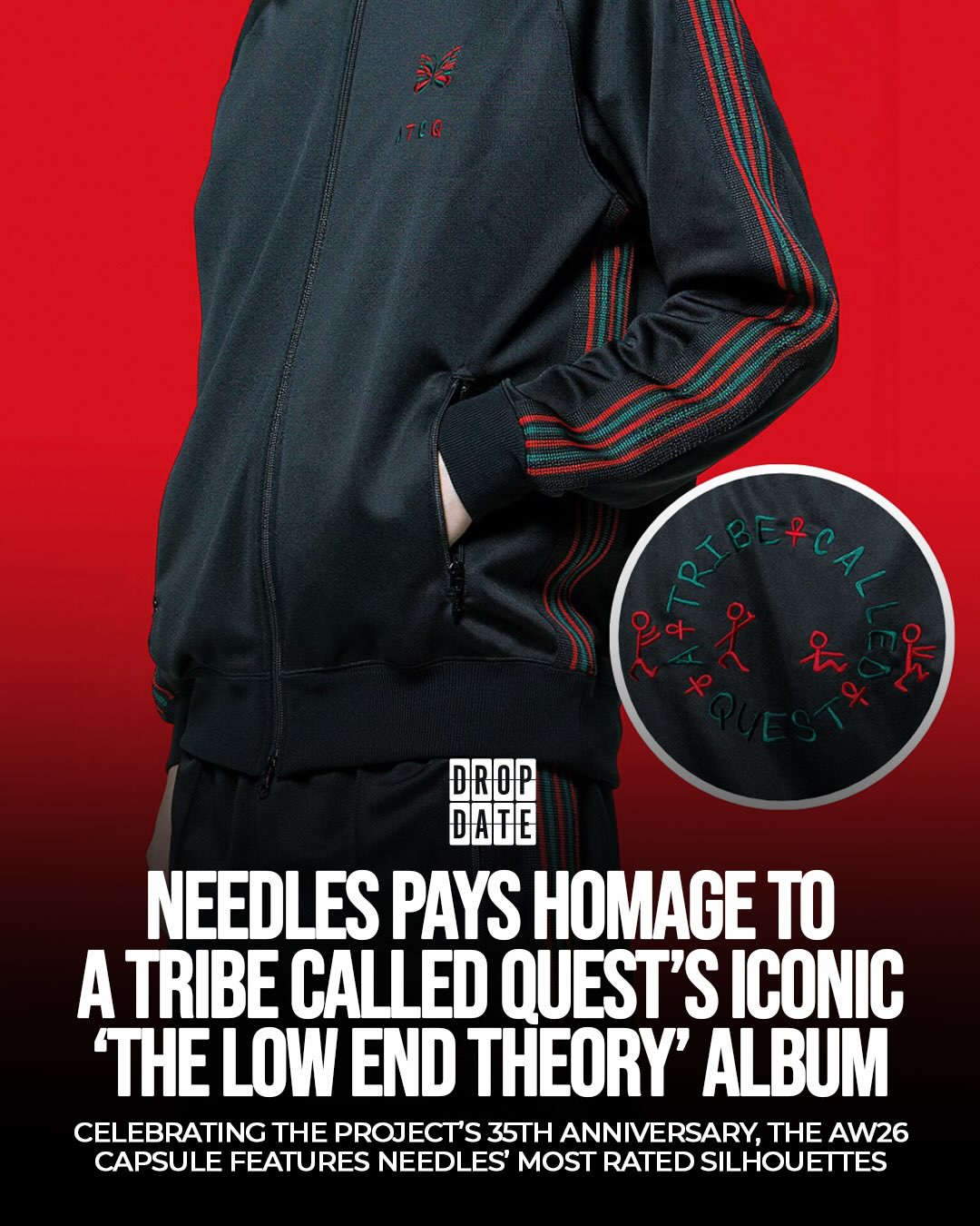 Needles x A Tribe Called Quest track jacket detail with red and green sleeve stripes