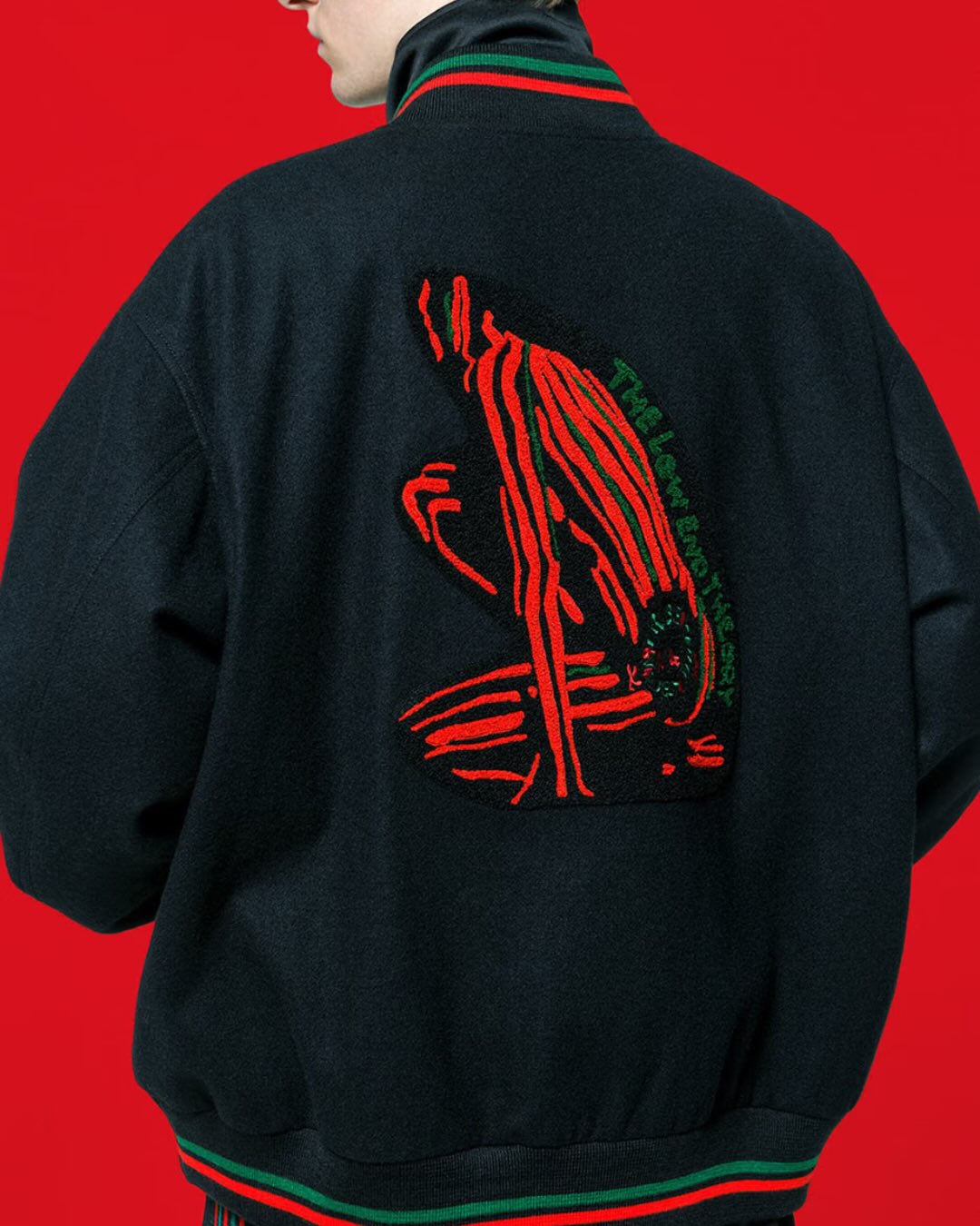 Back of the black B.B. jacket with a chenille Low End Theory figure