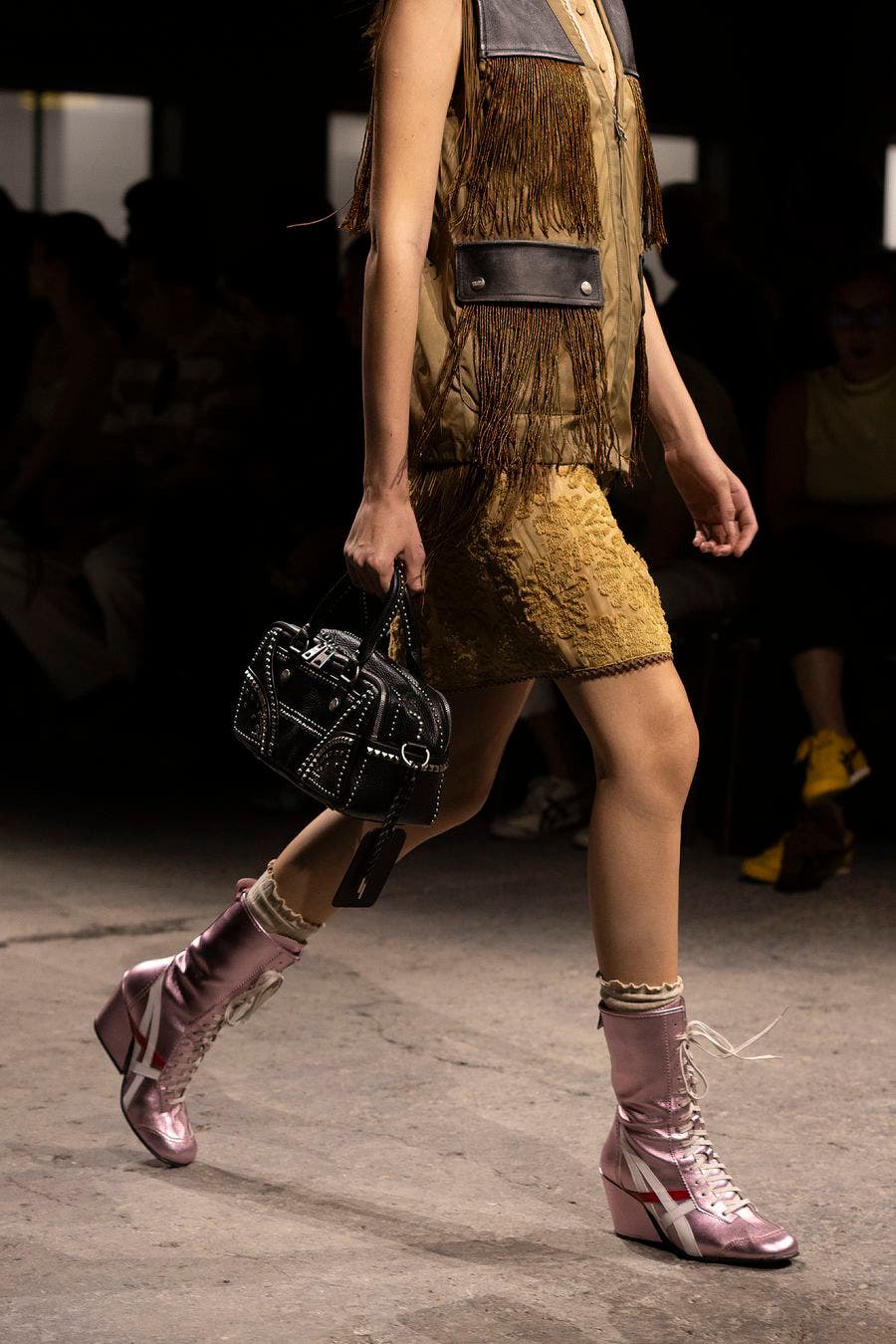 Metallic pink boxer-style Onitsuka Tiger ankle boots with block heels