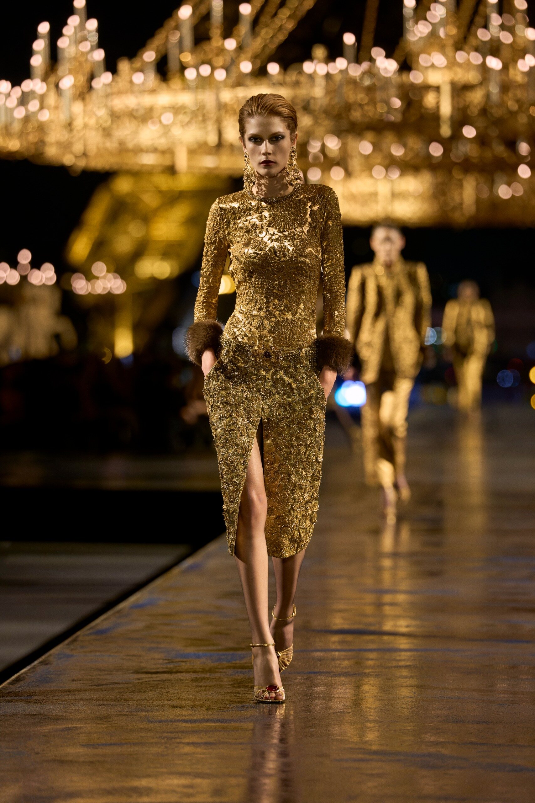 Black Saint Laurent evening gown closing the Summer 2027 show