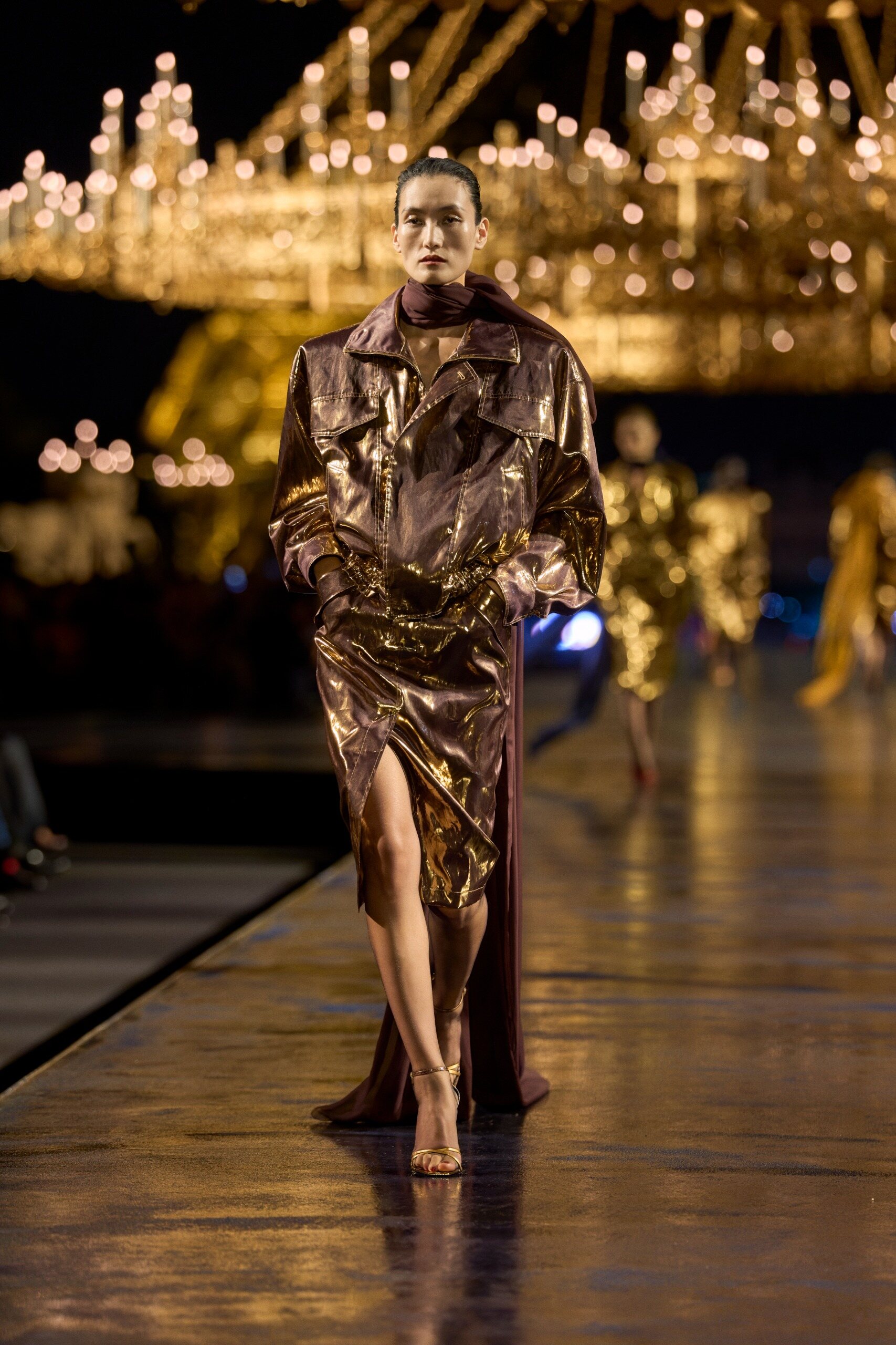 Saint Laurent gold brocade bodysuit with fur cuffs