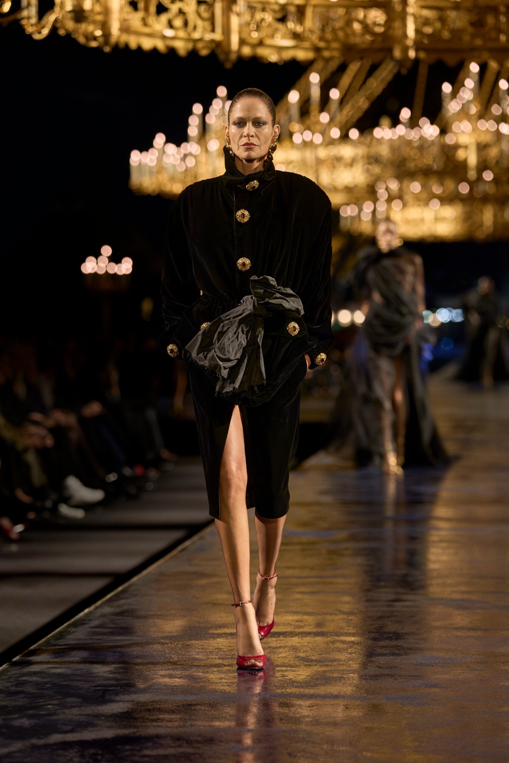 Saint Laurent long gold coat with sculptural shoulders