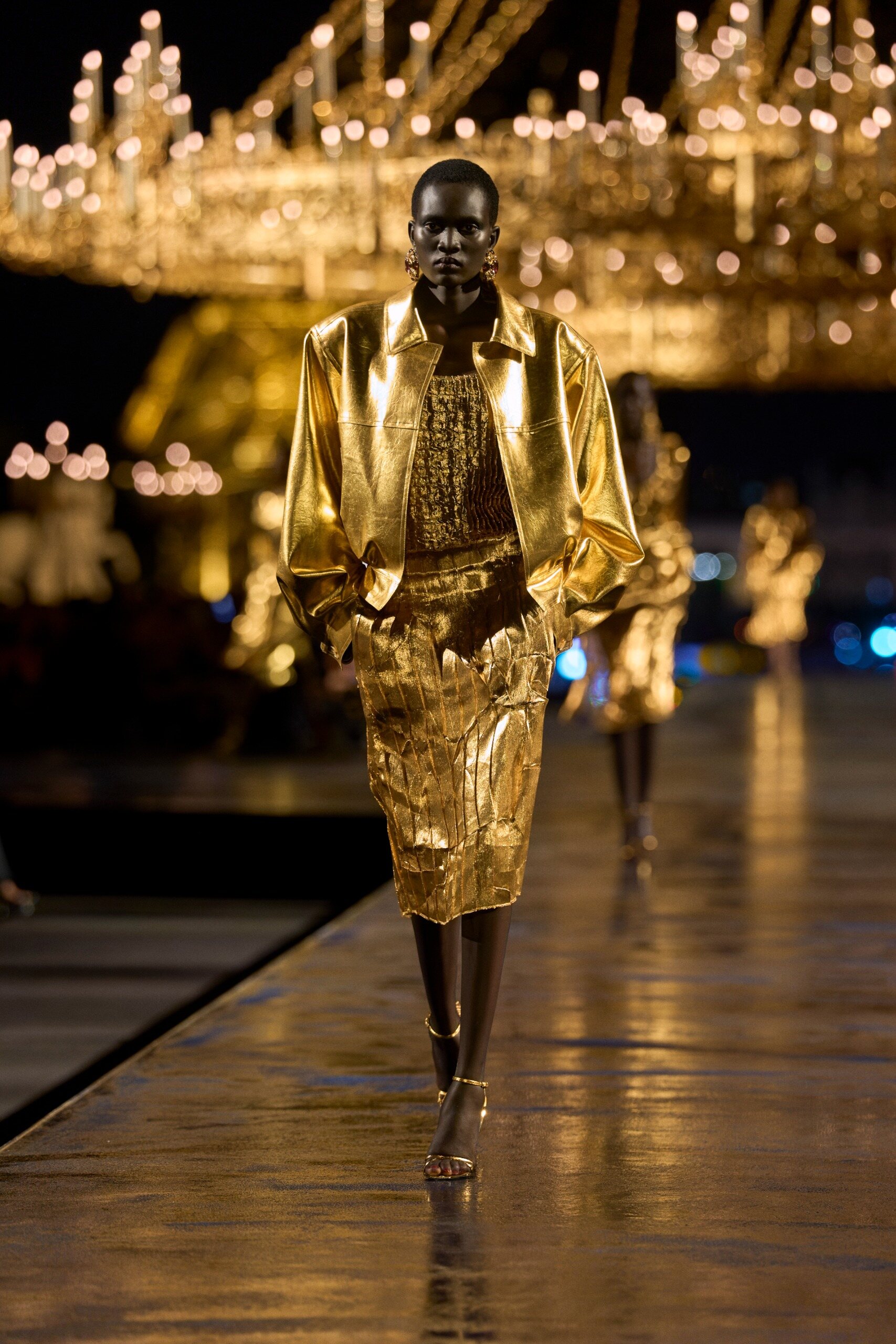 Saint Laurent liquid gold blouse and skirt