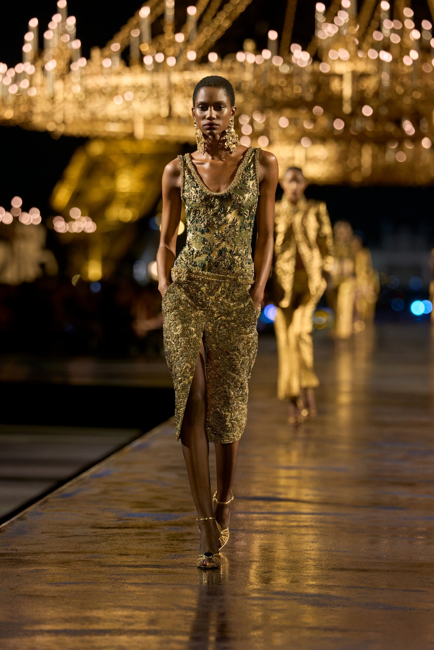 Saint Laurent gold jacket and matching pencil skirt