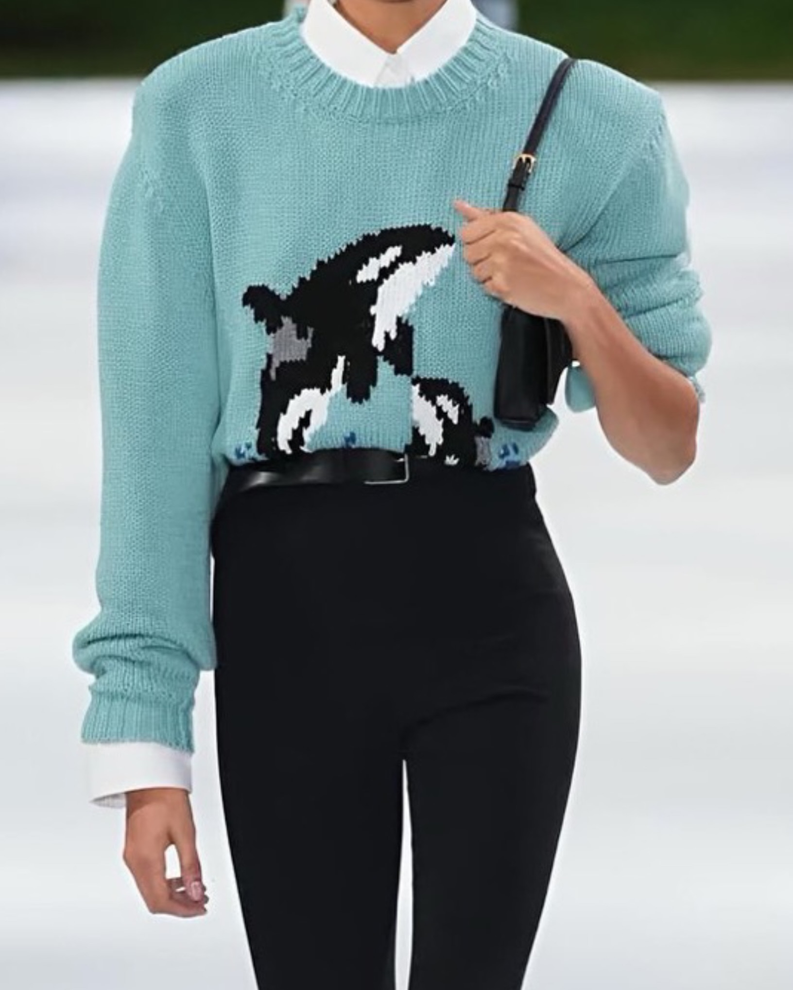 Mint Stella McCartney knit featuring black-and-white orcas, worn with black trousers