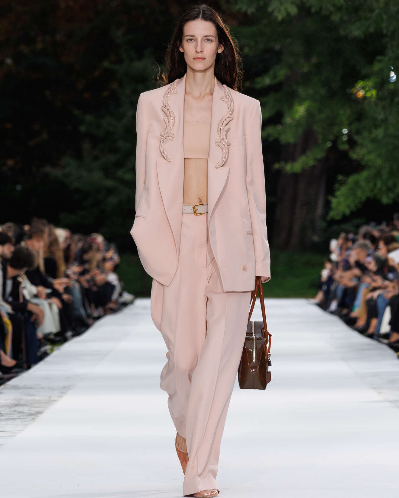 Powder-pink Stella McCartney suit with raised wave-like detailing along the lapels