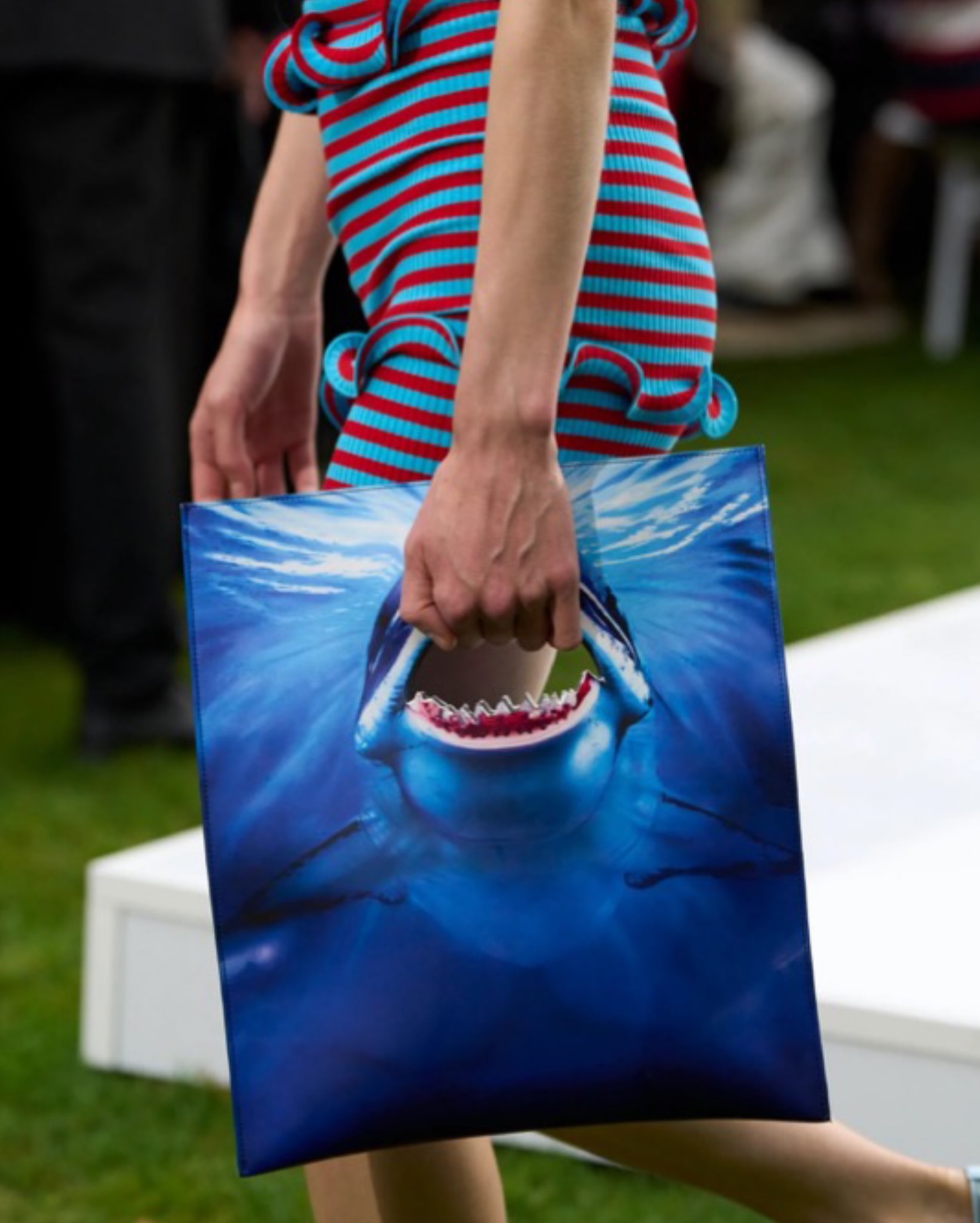 Stella McCartney tote printed with an open-mouthed shark whose mouth forms the handle