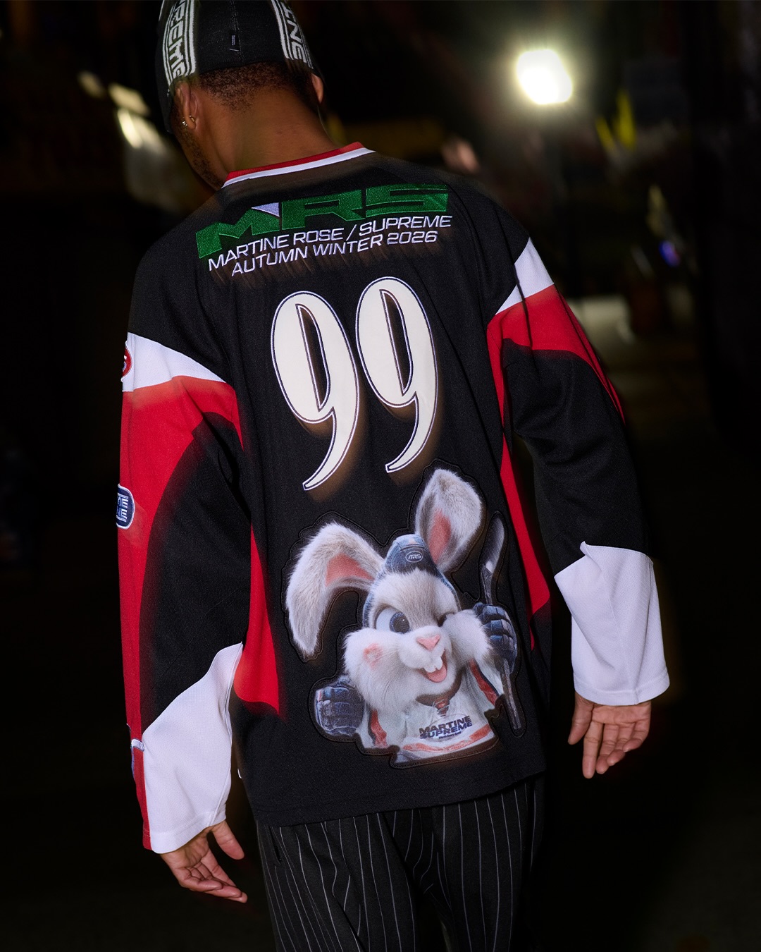 Back view of the Supreme x Martine Rose Fall 2026 rabbit hockey jersey