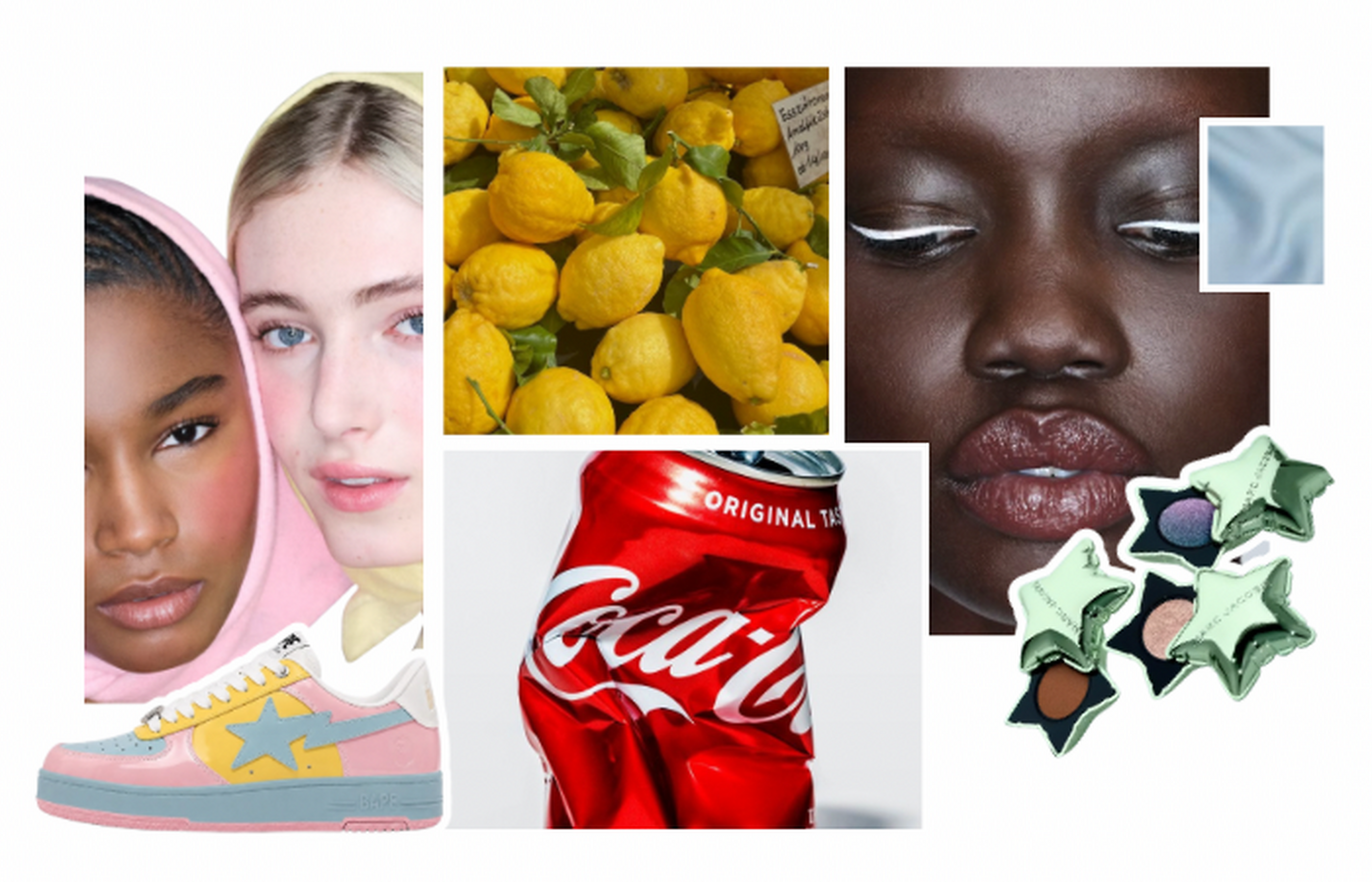 A colourful Wonder mood board featuring beauty, fashion, lemons, Coca-Cola red and a Bapesta sneaker